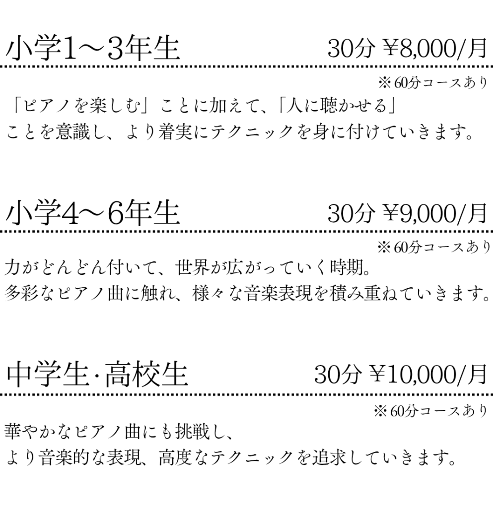 小学1〜3年生 30分 ￥8,000/月※ 60分コースあり
「ピアノを楽しむ」ことに加えて、「人に聴かせる」
ことを意識し、より着実にテクニックを身に付けていきます。

小学4〜6年生 30分 ￥9,000/月
力がどんどん付いて、世界が広がっていく時期。
多彩なピアノ曲に触れ、様々な音楽表現を積み重ねていきます。

中学生・高校生 30分 ￥10,000/月
華やかなピアノ曲にも挑戦し、
より音楽的な表現、高度なテクニックを追求していきます。